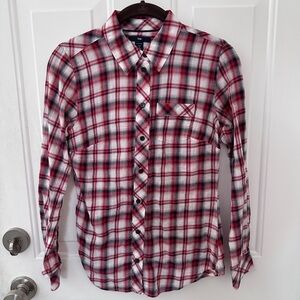 GAP Small Petite Red and White Plaid Button-Down Shirt